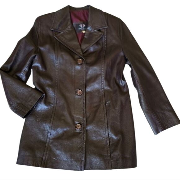 VERA PELLE Womens Burgundy Leather Jacket Button Down Size M Western Preppy - Picture 1 of 10
